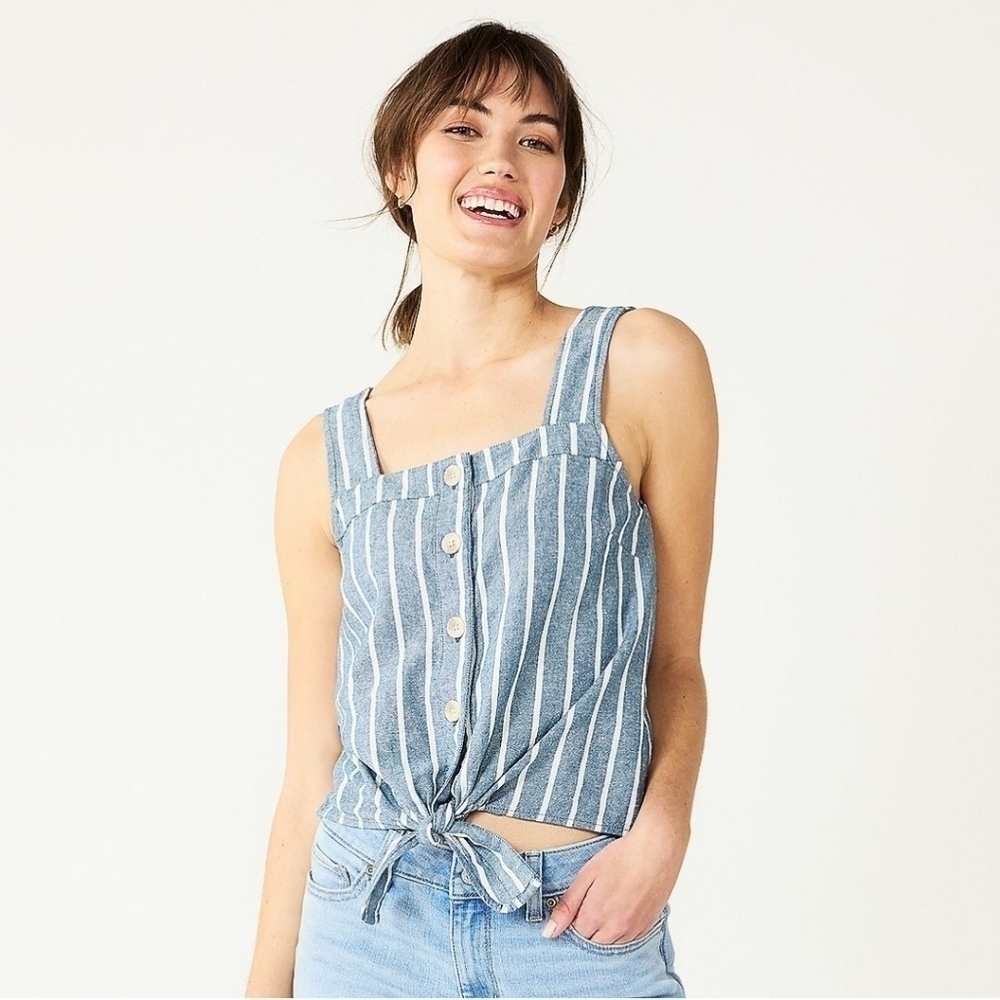 Sonoma Tie-Hem Squareneck Tank Denim Blue Stripe - Size XXL
